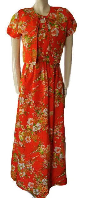 * VINTAGE SWEETHEARTS ARE MADE IN HAWAII HIBISCUS DRESS & JACKET ENSEMBLE IN A GORGEOUS HIBISCUS PRINT IN JUICY PAPAYA