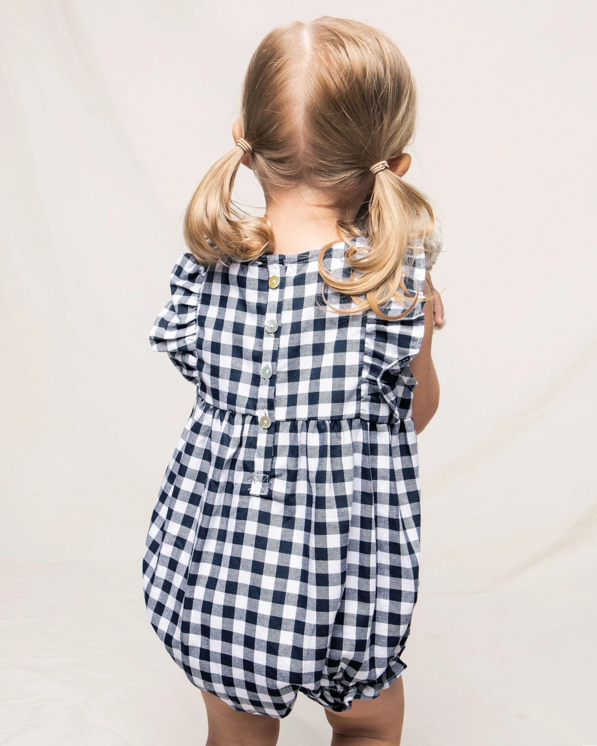 Baby's Twill Ruffled Romper | Navy Gingham