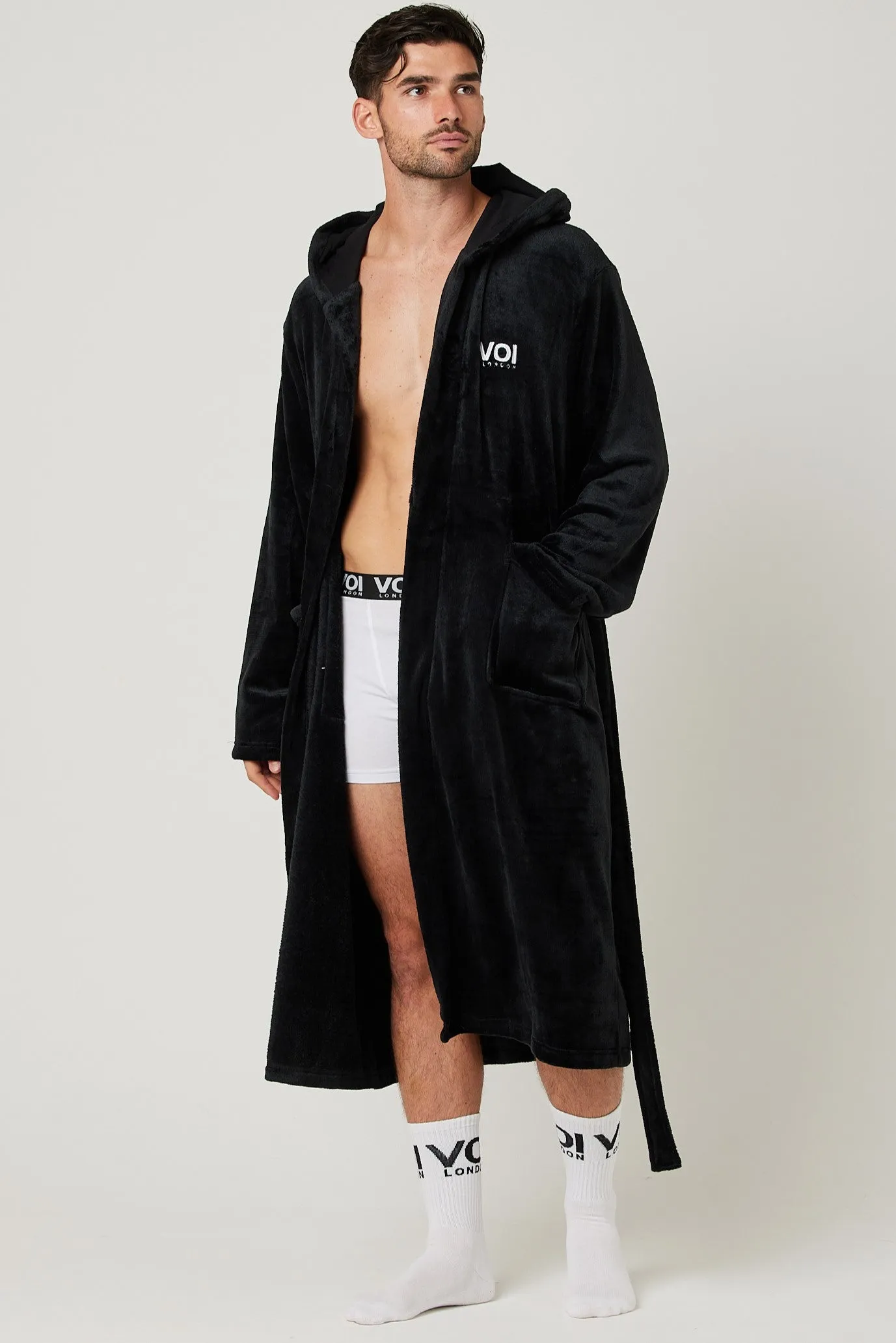 Fleece Dressing Gown & Cotton PJ Set Bundle - Black/Grey