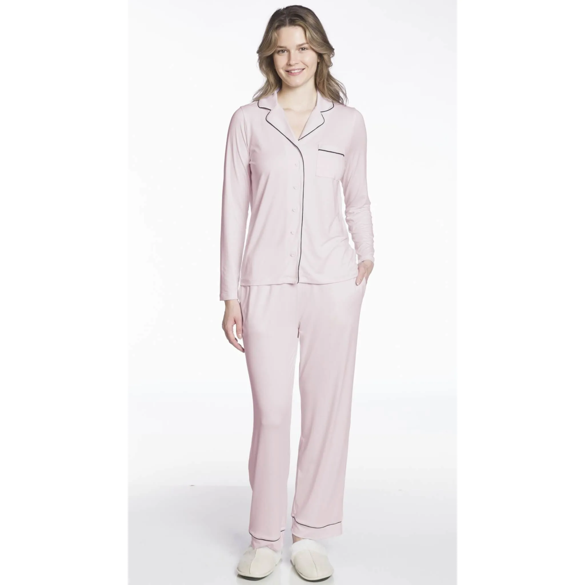 Ladies Two Piece PJ Set with Contrast Piping Detail
