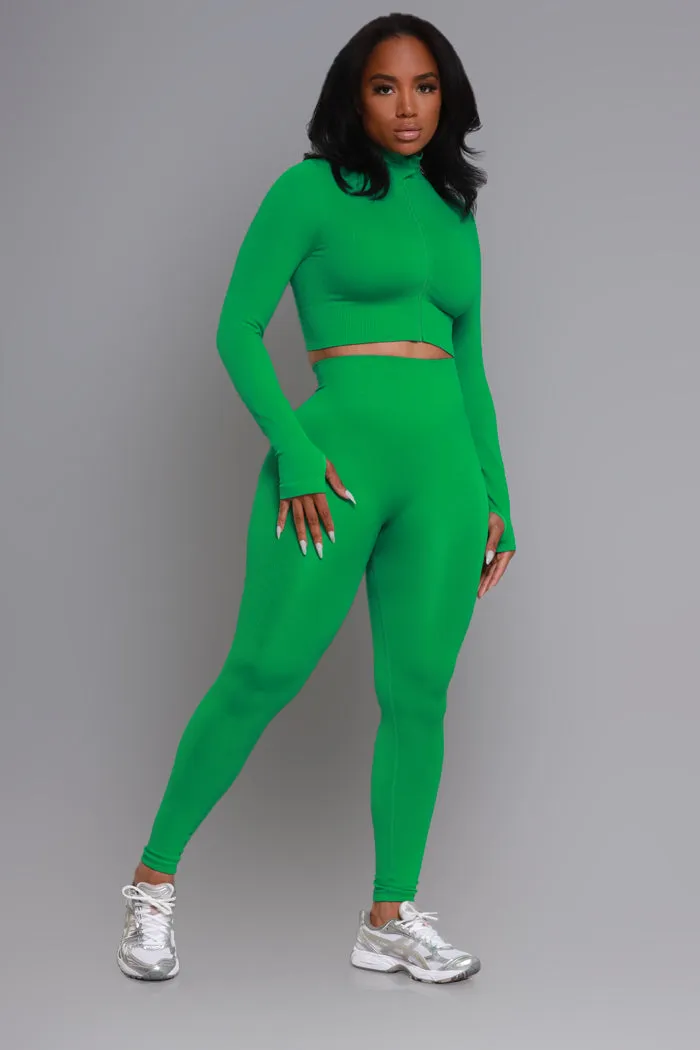 No Idea Zip-Up Cropped Legging Set - Kelly Green