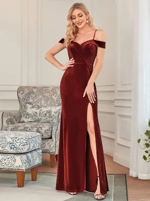 Robe de demoiselle d'honneur en velours à épaules dénudées et longueur au sol