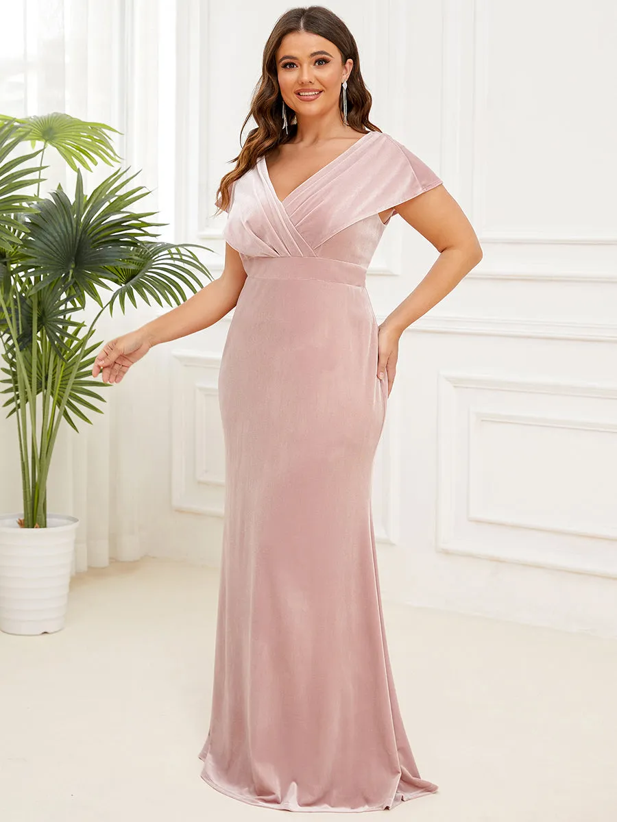 Robe de Soirée Plissée en Velours Col en V de Grande Taille