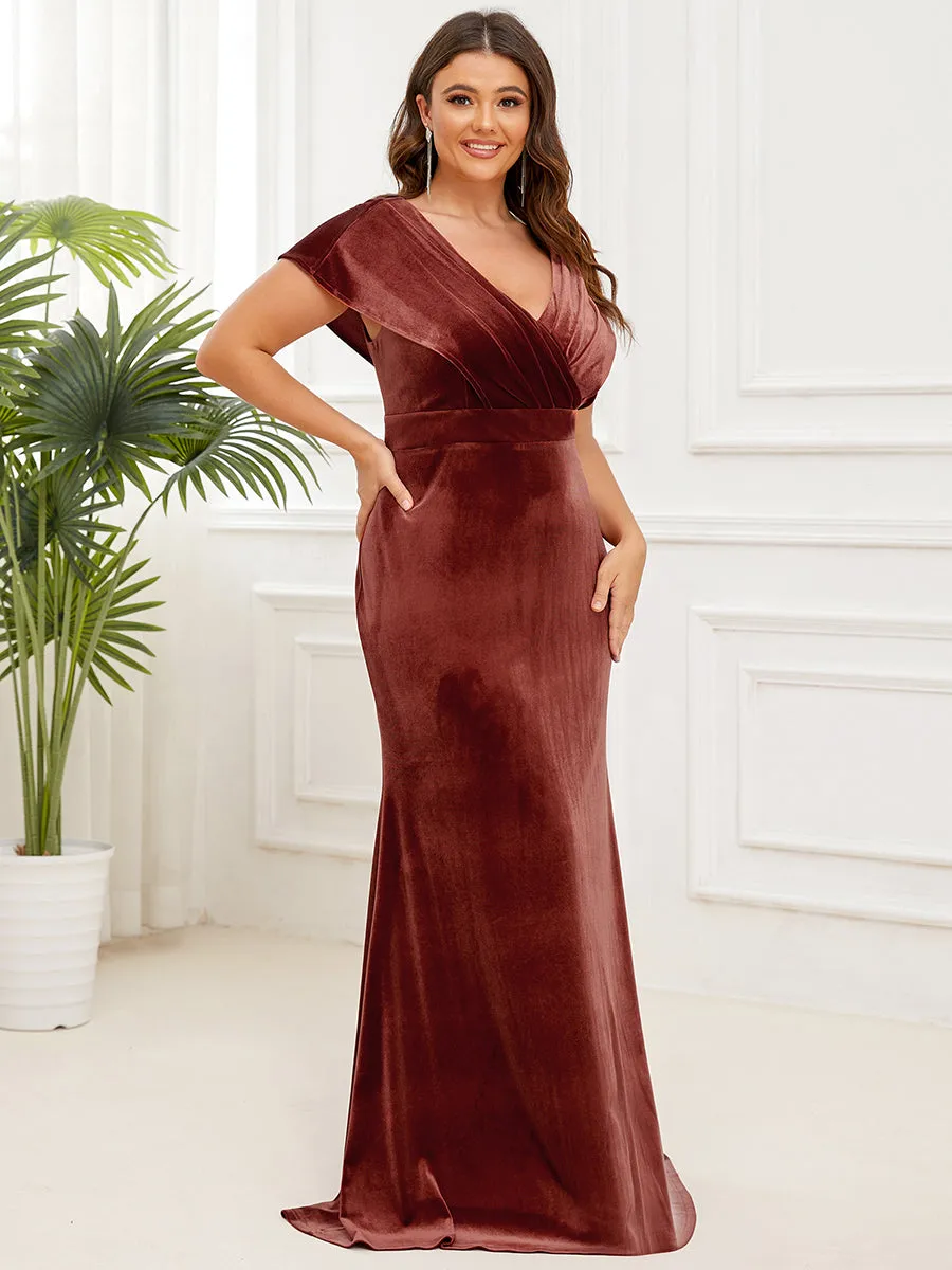 Robe de Soirée Plissée en Velours Col en V de Grande Taille