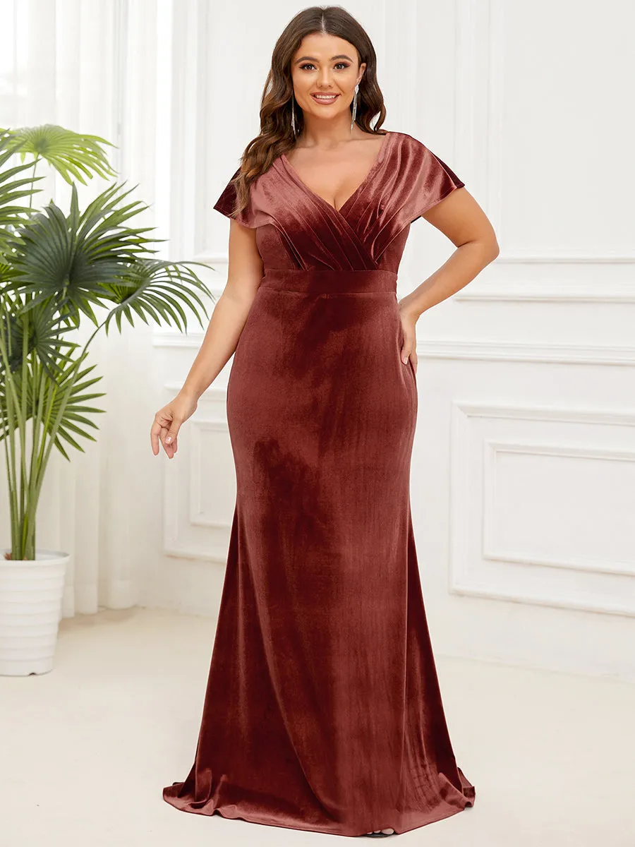 Robe de Soirée Plissée en Velours Col en V de Grande Taille