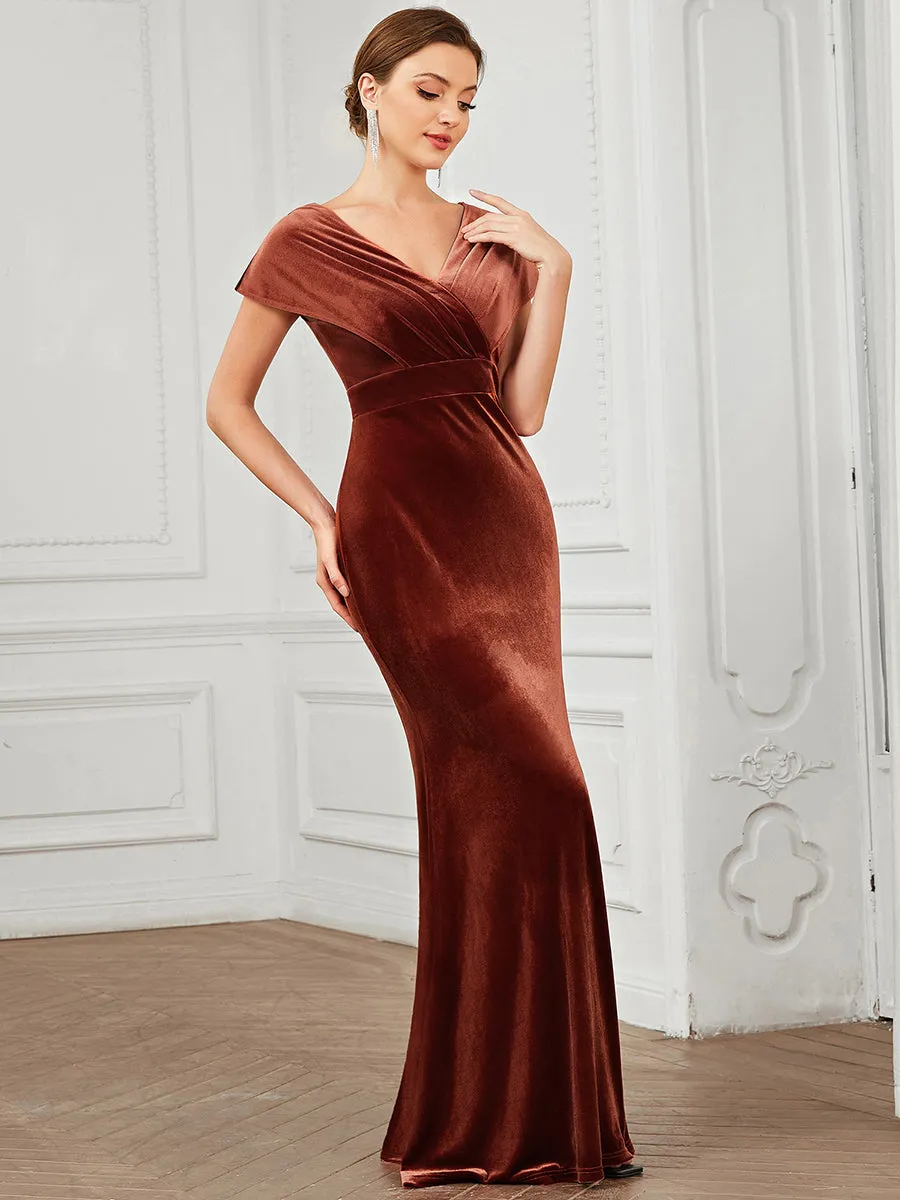 Robe de soirée plissée en velours Col en V Mancherons