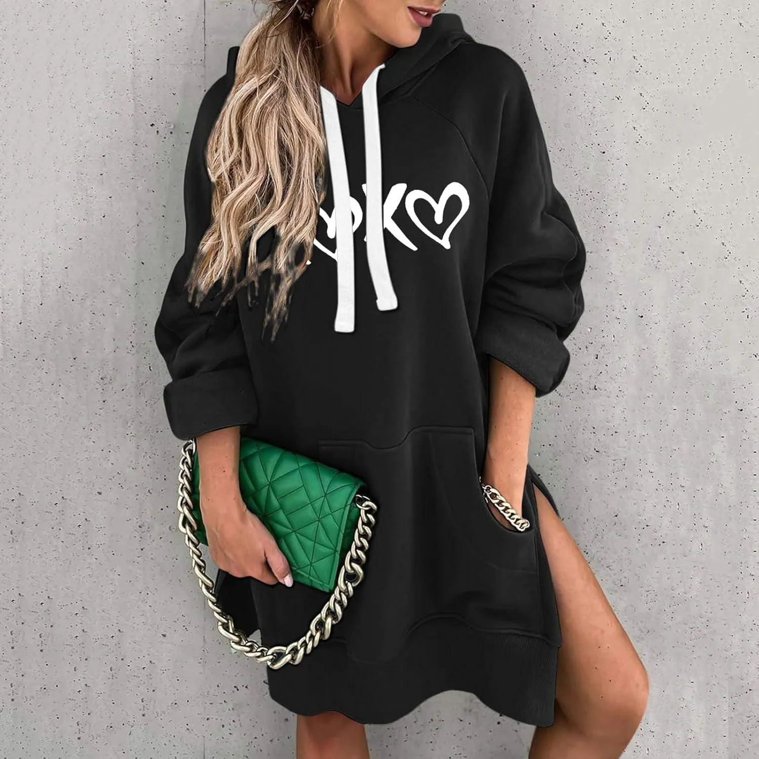 The Warmy Oversized Hoodie Dress,Valentine's Day Dress for Women with Pocket Funny Heart Print Split Hem Hoodies