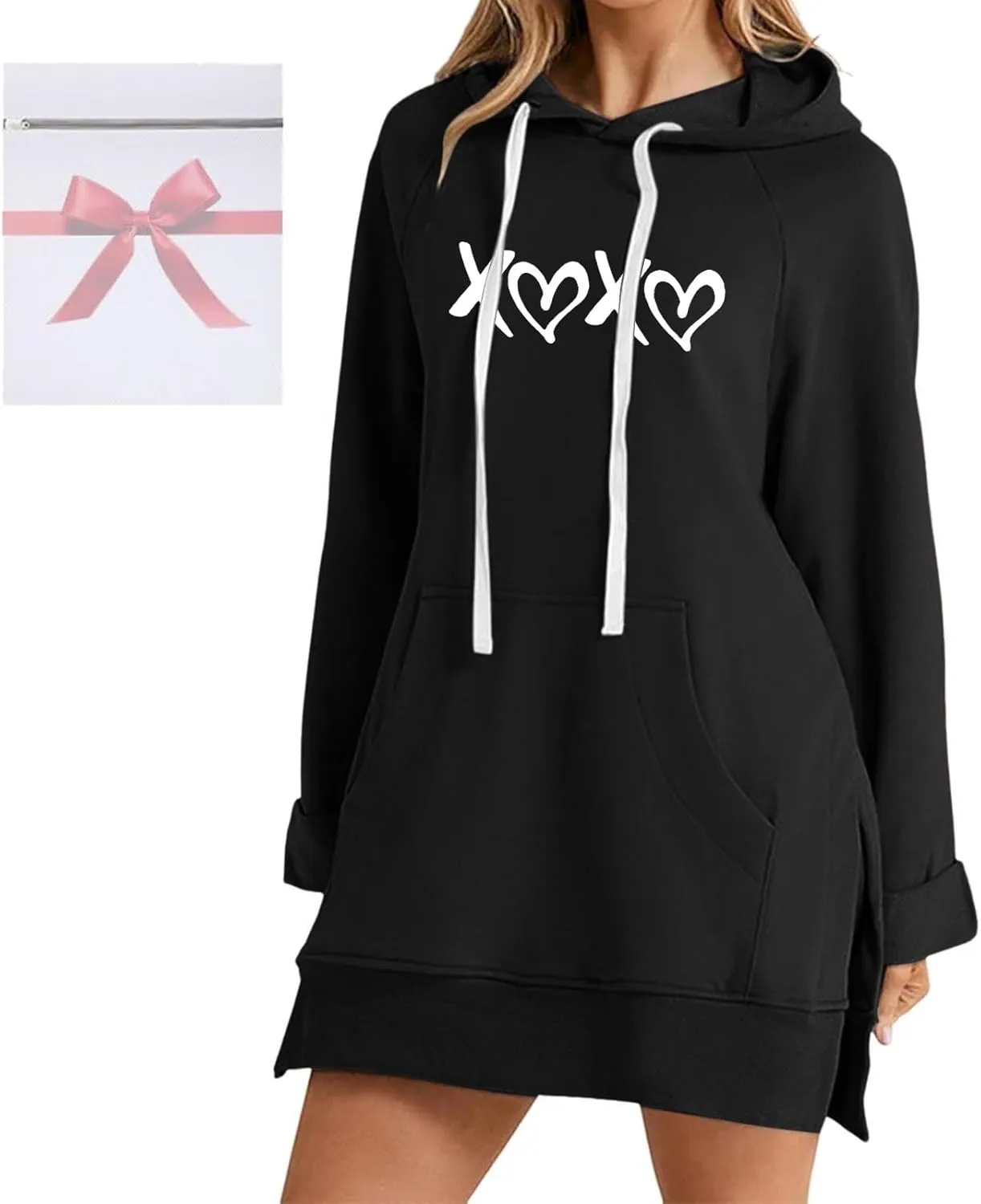 The Warmy Oversized Hoodie Dress,Valentine's Day Dress for Women with Pocket Funny Heart Print Split Hem Hoodies