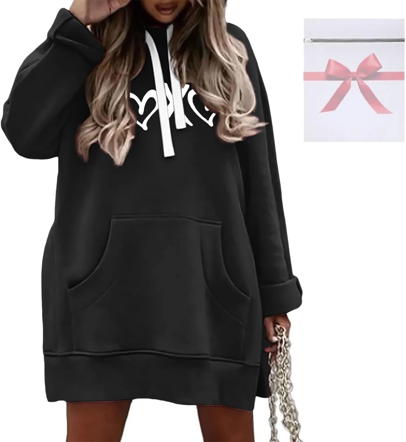 The Warmy Oversized Hoodie Dress,Valentine's Day Dress for Women with Pocket Funny Heart Print Split Hem Hoodies
