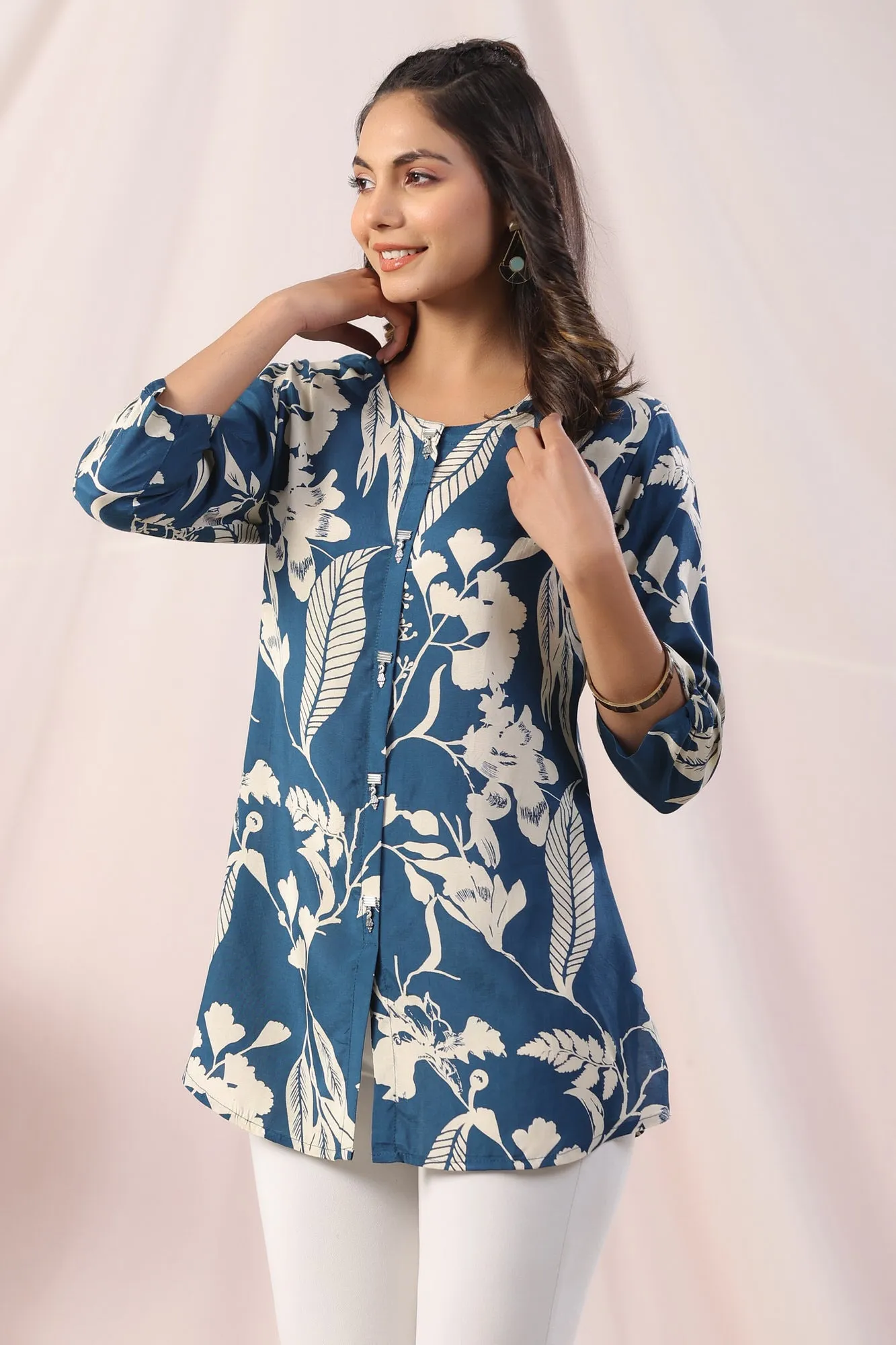 Vintage Blue Floral Russian Silk Shirt