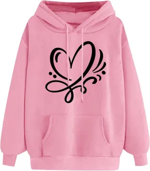 Women's Hoodies Pullover Cute Heart Sweatshirts Casual Long Sleeve Tops Kangaroo Pocket Sweatshirt for Teen Girl