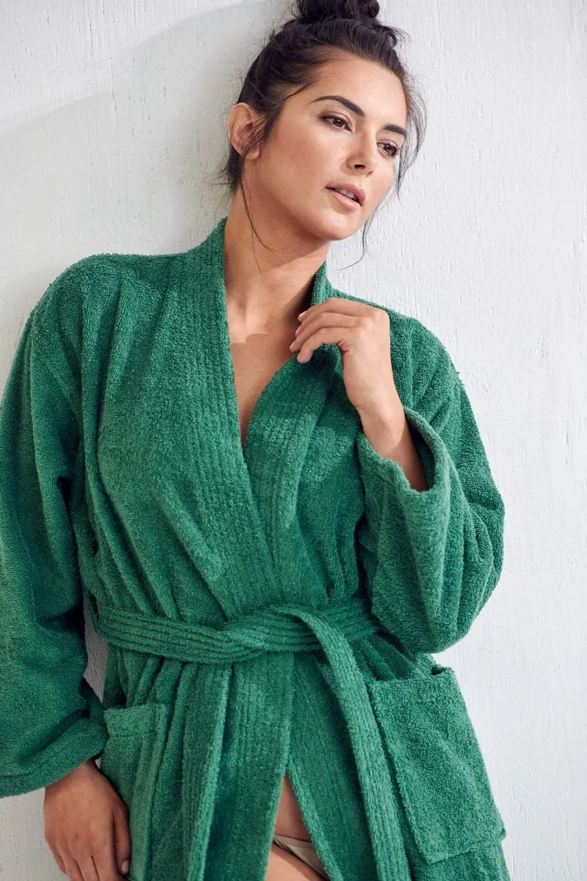 Women's Terry Cloth Bathrobe, Kimono Style, Comfort Soft & Fast Dry, Luxurious Terry Cotton Turkish(Green)